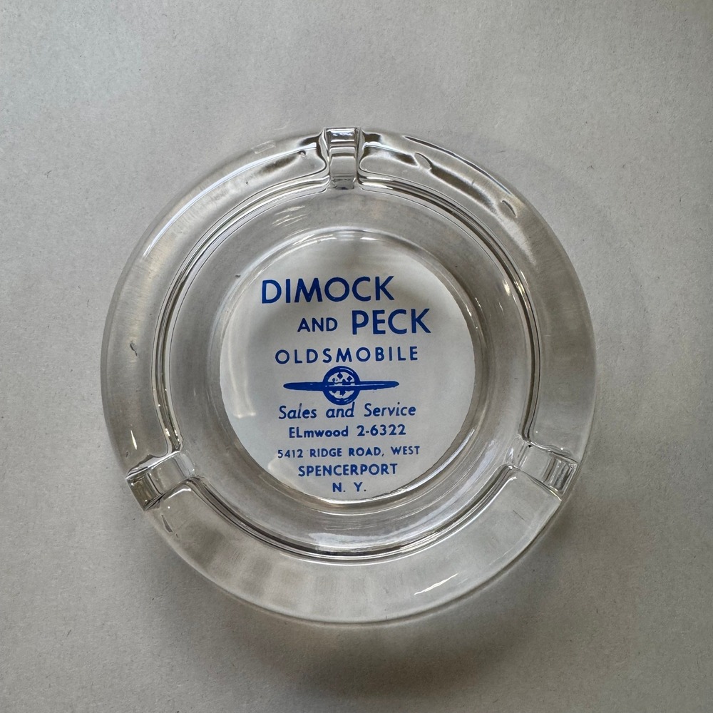 Vintage Dimock and Peck Oldsmobile Spencerport NY Glass Advertising Ashtray